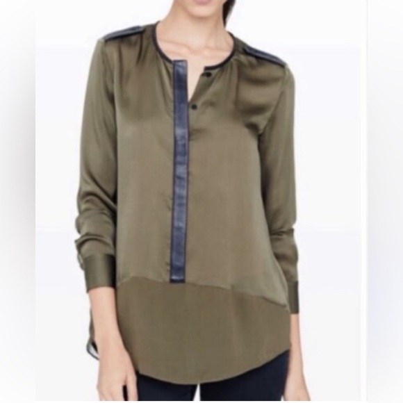 Club Monaco Olive Green Silk Leather Trim Blouse - Picture 1 of 4